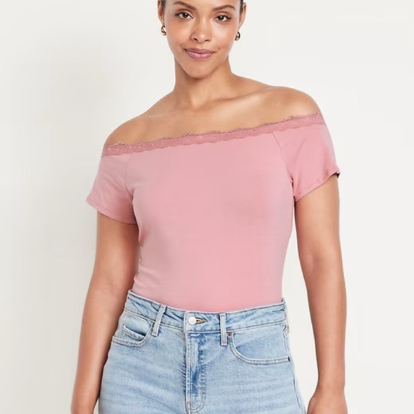 NWT Old Navy  Pink Lace off the shoulder Tee size Large - Picture 7 of 13